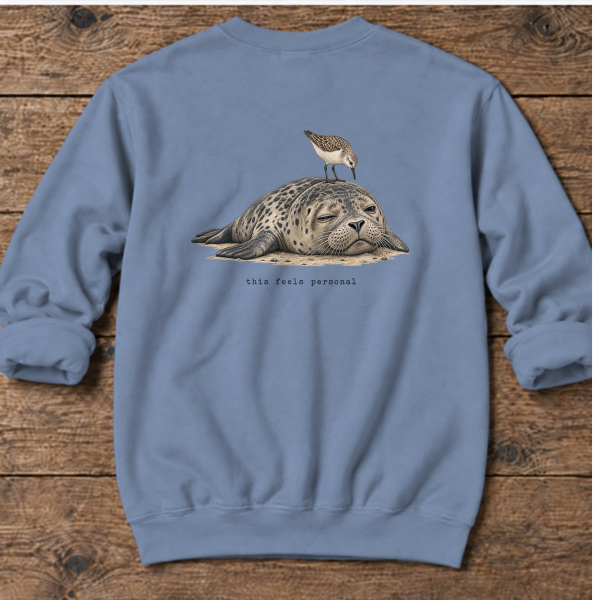 This Feels Personal Seal Back Design Midweight Sweatshirt in Stone Blue, Salty Paws Midweight Sweatshirt, back design flat lay