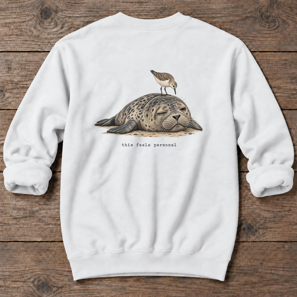 This Feels Personal Seal Back Design Midweight Sweatshirt in White, Salty Paws Midweight Sweatshirt, back design flat lay