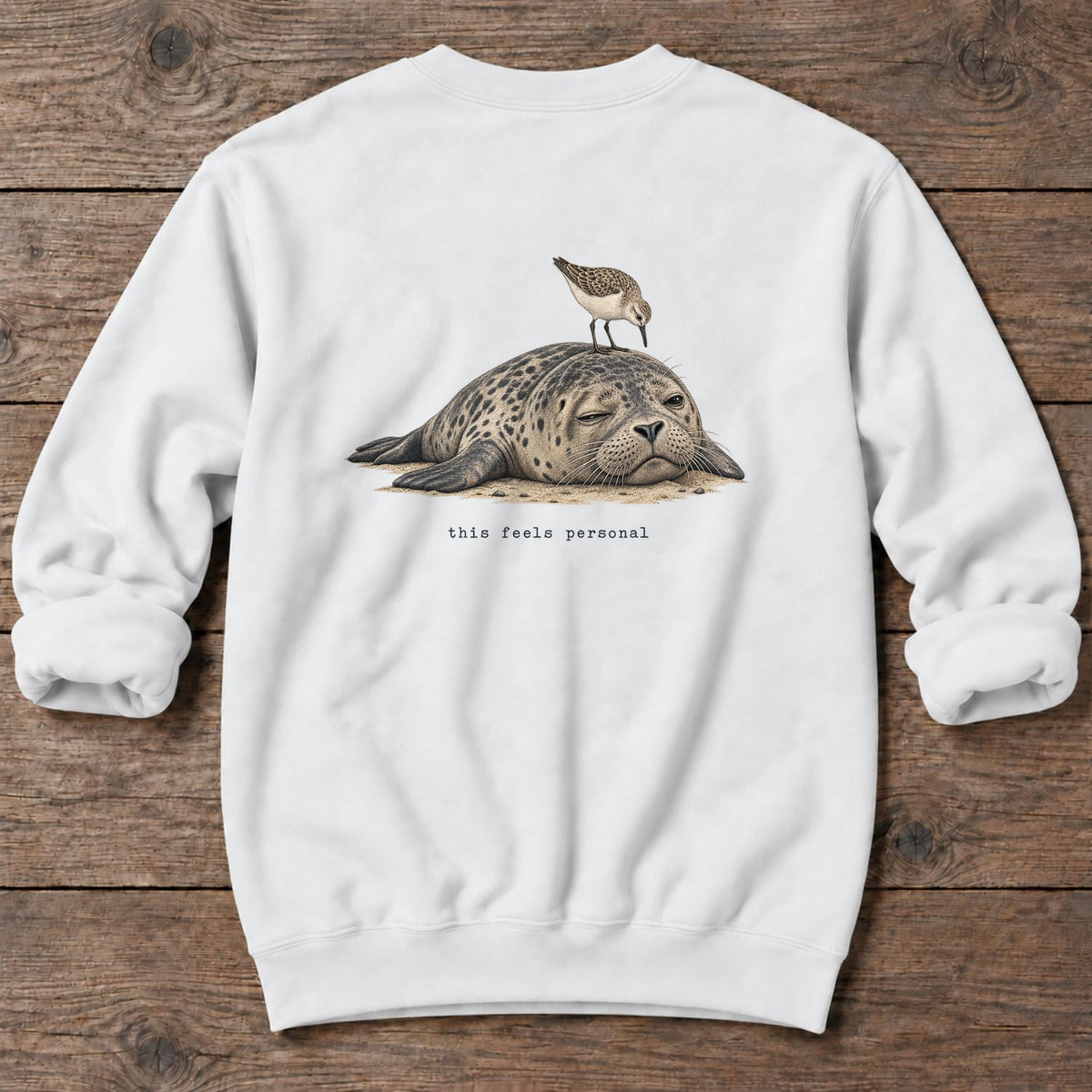This Feels Personal Seal Back Design Midweight Sweatshirt in White, Salty Paws Midweight Sweatshirt, back design flat lay