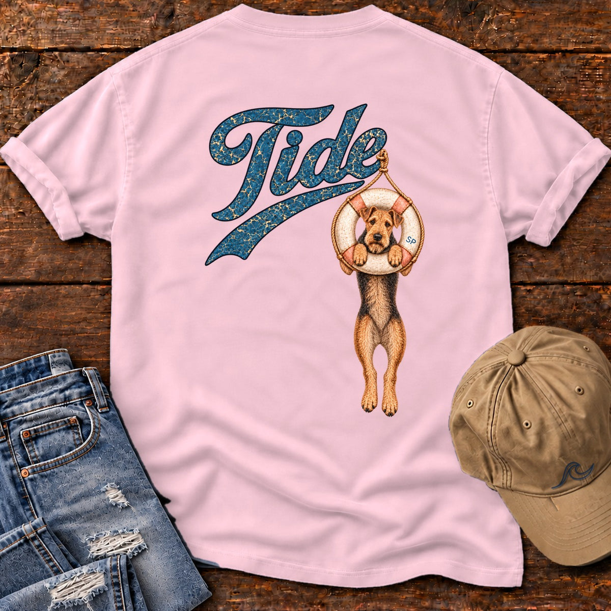 Tide Airedale Back Design T-Shirt in Blossom, Salty Paws Comfort Colors T-Shirt, back design flat lay