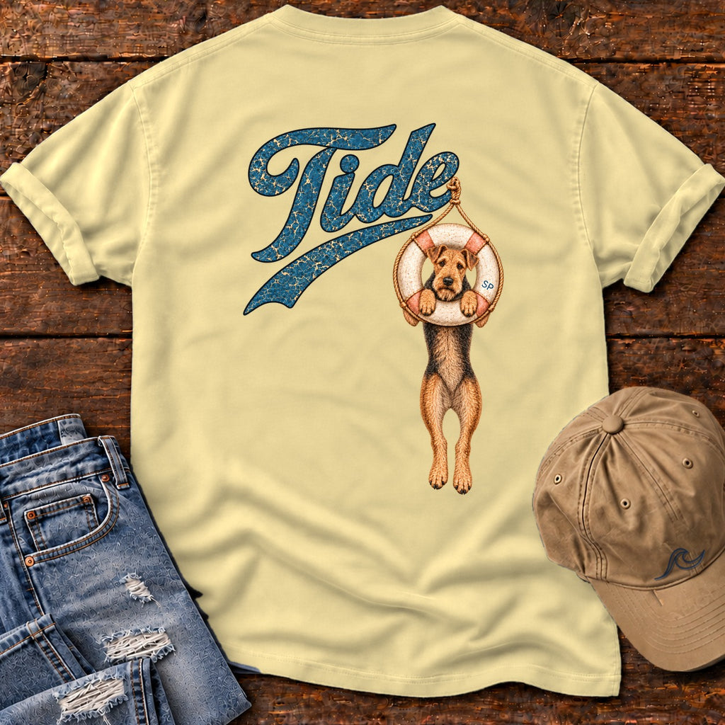 Tide Airedale Back Design T-Shirt in Butter, Salty Paws Comfort Colors T-Shirt, back design flat lay
