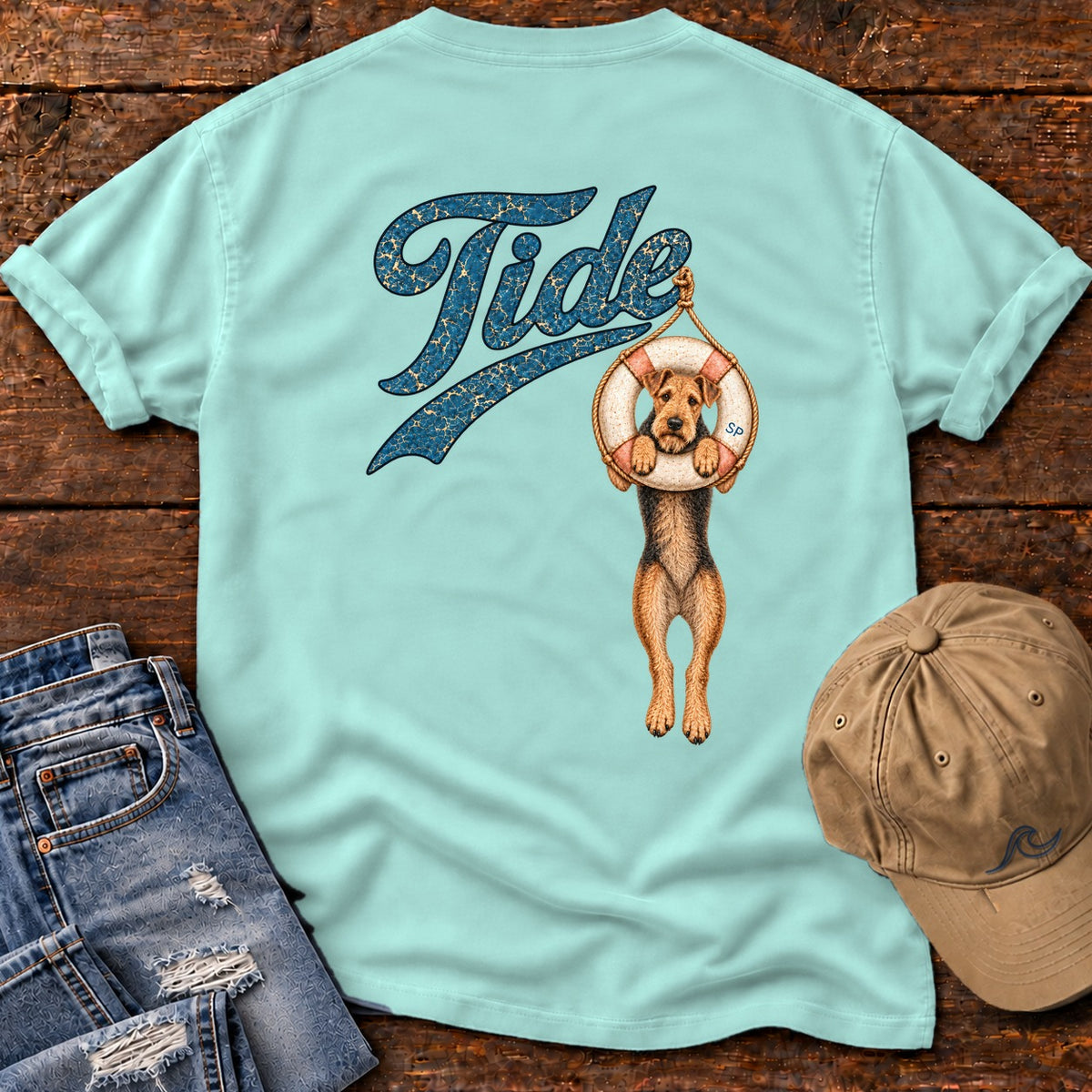 Tide Airedale Back Design T-Shirt in Chalky Mint, Salty Paws Comfort Colors T-Shirt, back design flat lay