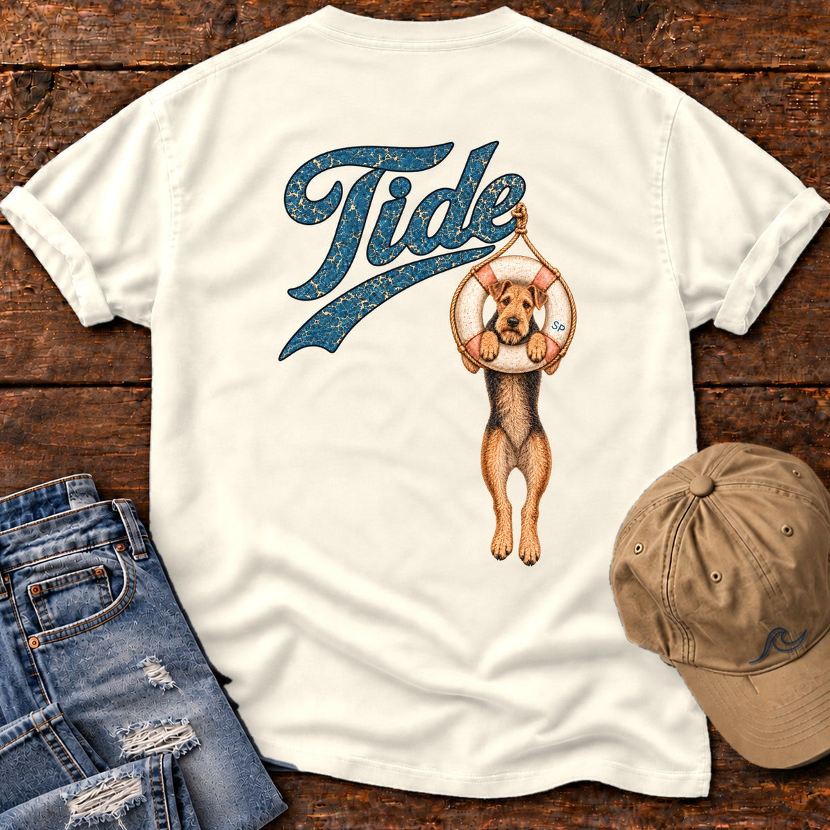 Tide Airedale Back Design T-Shirt in Ivory, Salty Paws Comfort Colors T-Shirt, back design flat lay
