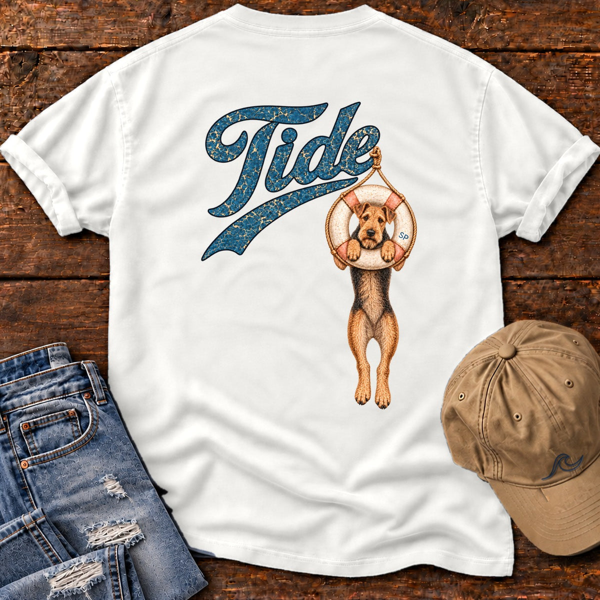 Tide Airedale Back Design T-Shirt in White, Salty Paws Comfort Colors T-Shirt, back design flat lay