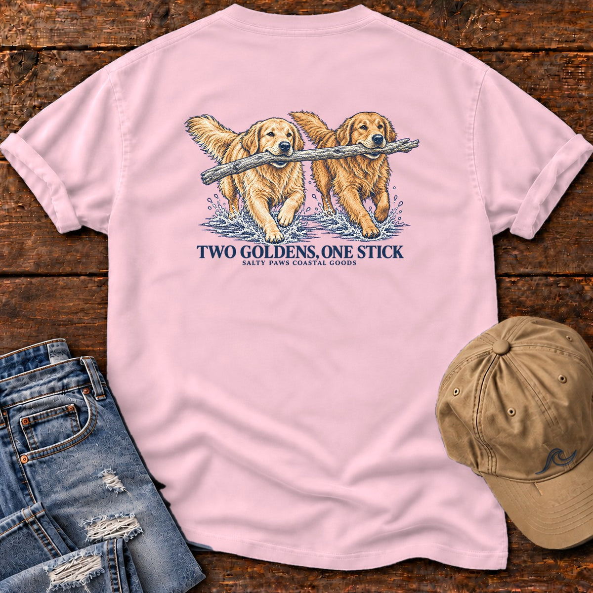 Two Goldens, One Stick Back Design Comfort Colors T-Shirt in Blossom, back design flat lay