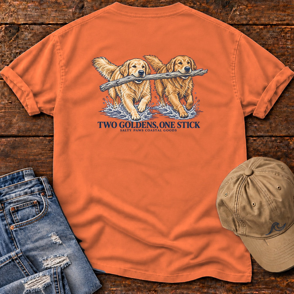 Two Goldens, One Stick Back Design Comfort Colors T-Shirt in Burnt Orange, back design flat lay