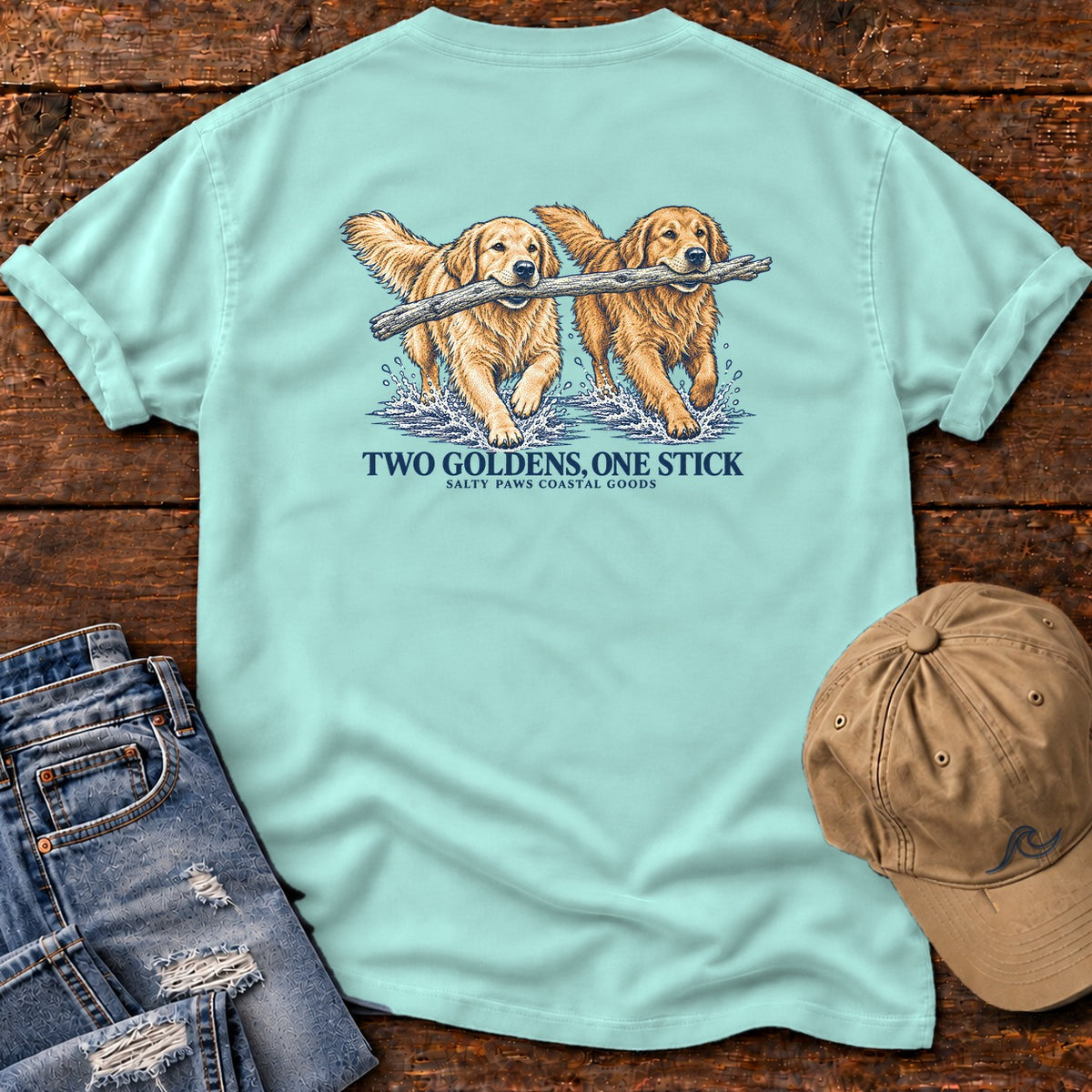 Two Goldens, One Stick Back Design Comfort Colors T-Shirt in Chalky Mint, back design flat lay