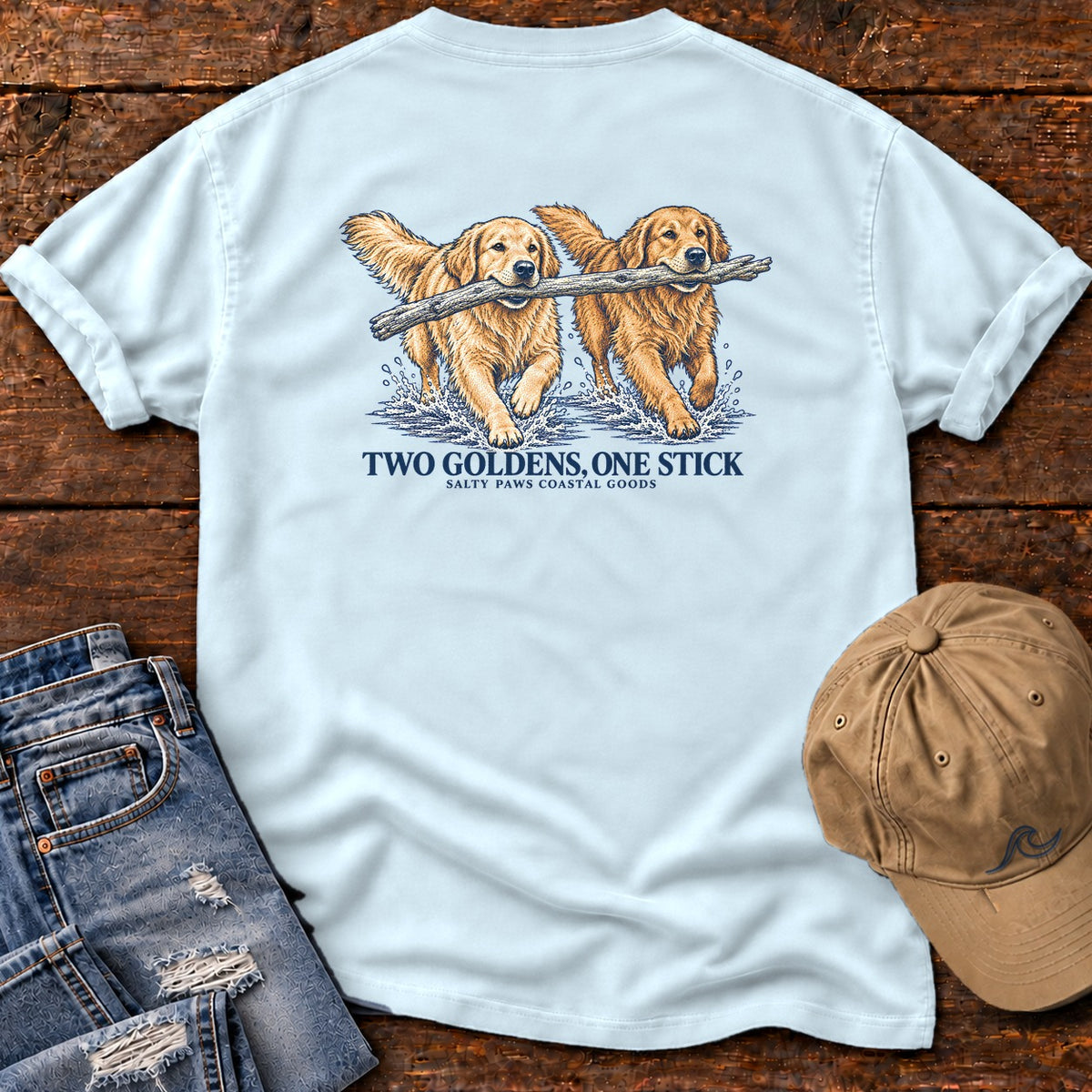 Two Goldens, One Stick Back Design Comfort Colors T-Shirt in Chambray, back design flat lay