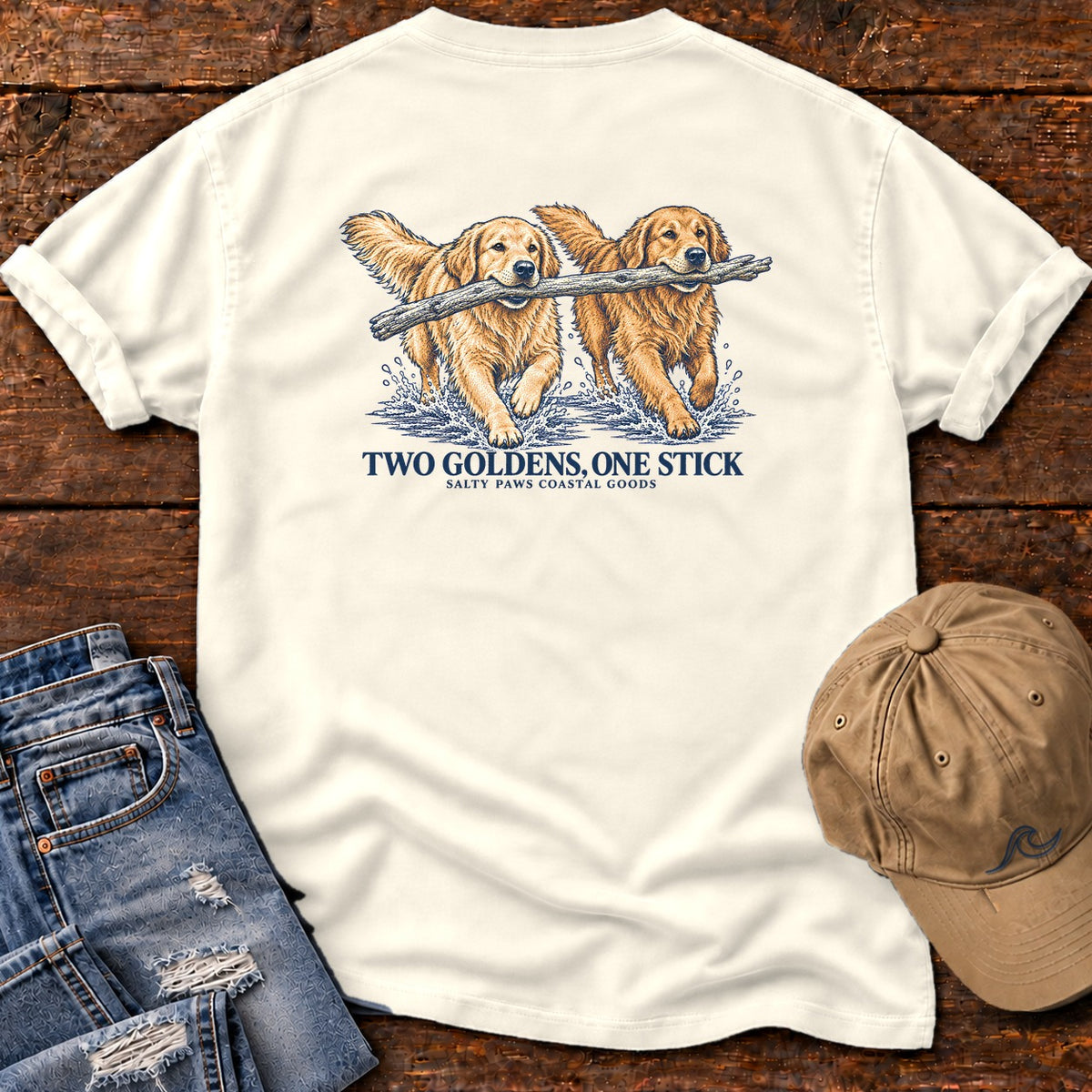 Two Goldens, One Stick Back Design Comfort Colors T-Shirt in Ivory, back design flat lay