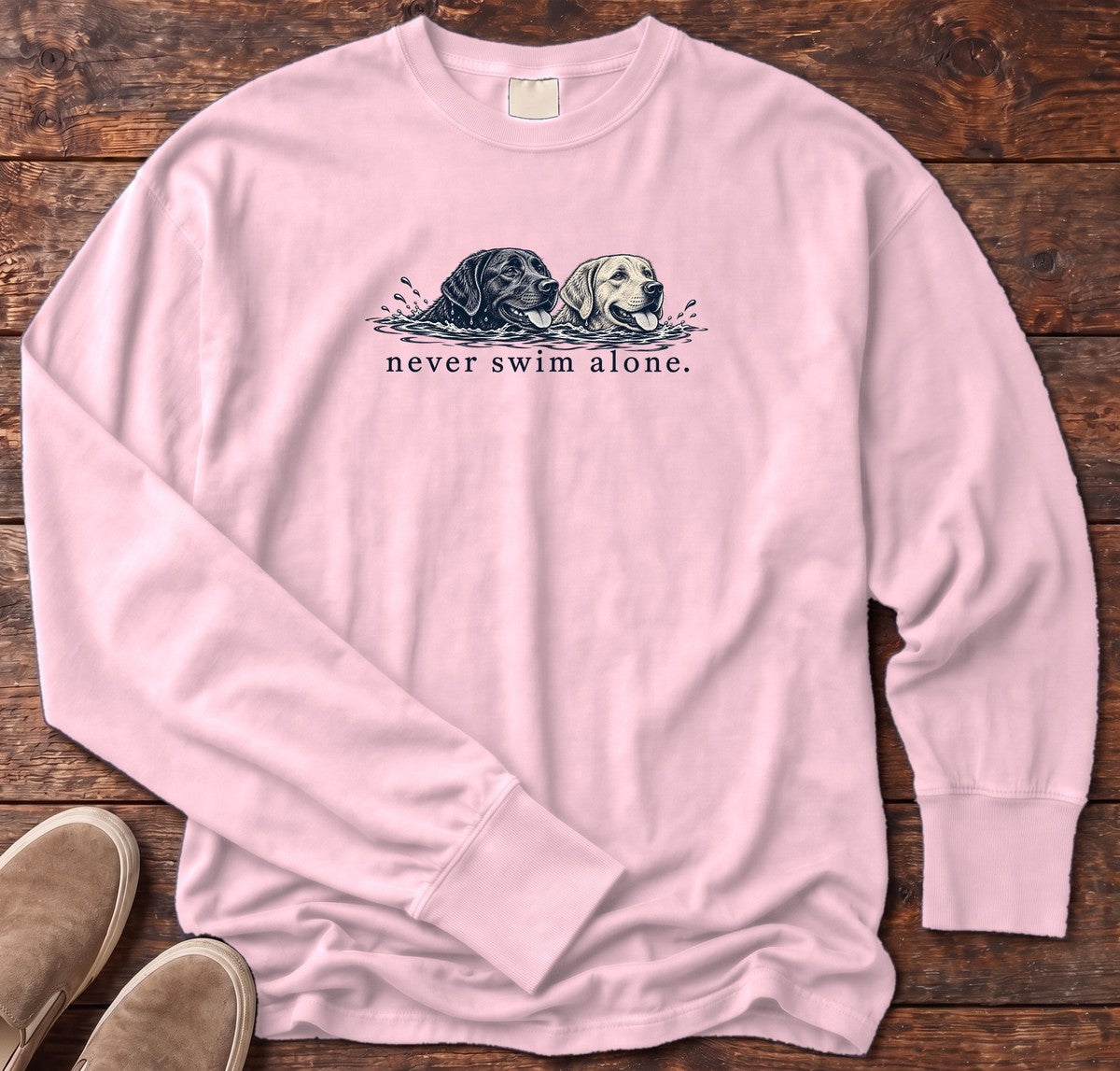 Two Labs Never Swim Alone Long Sleeve Tee in Blossom, Salty Paws Comfort Colors Long Sleeve Tee, front design flat lay