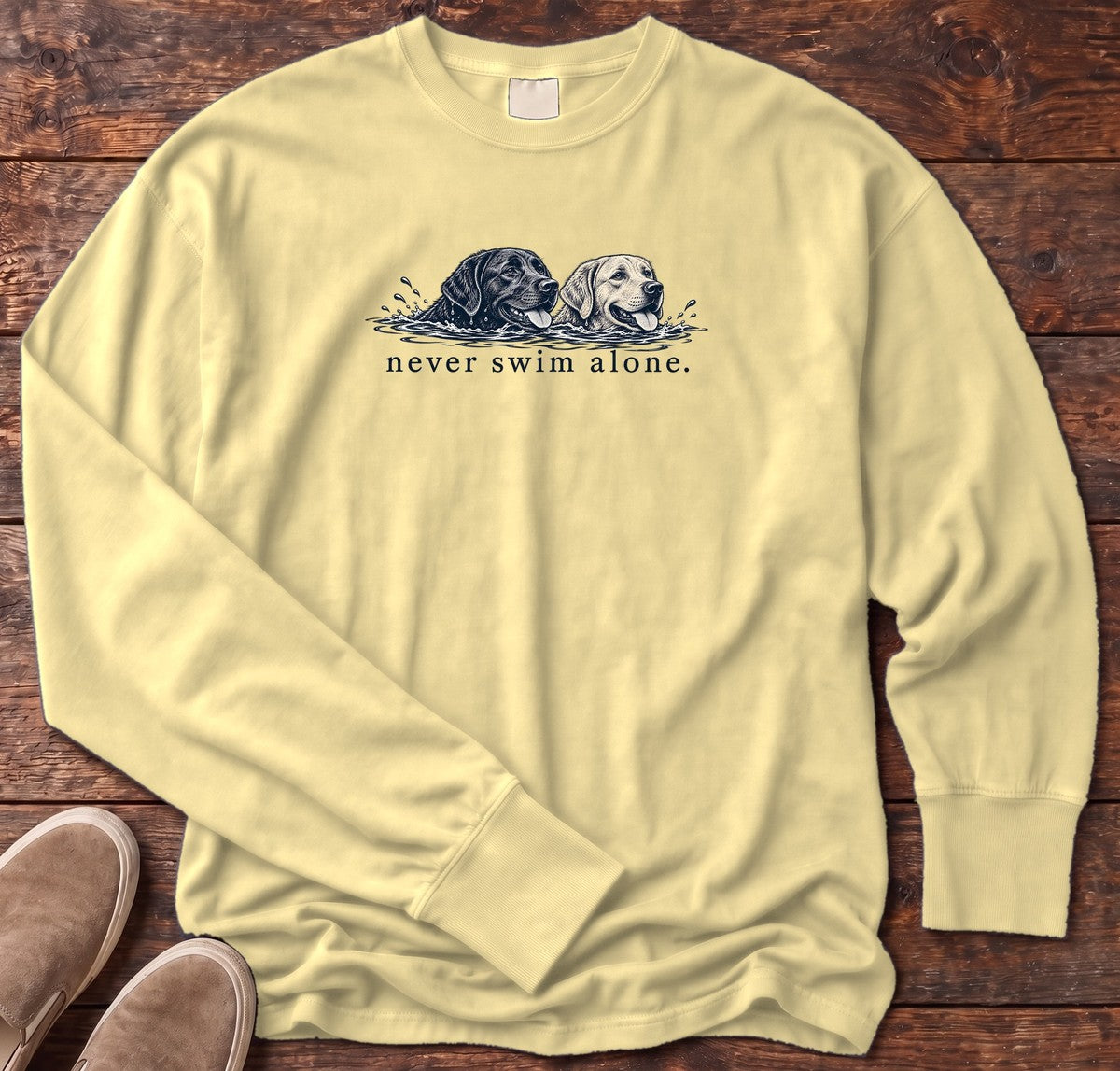 Two Labs Never Swim Alone Long Sleeve Tee in Butter, Salty Paws Comfort Colors Long Sleeve Tee, front design flat lay