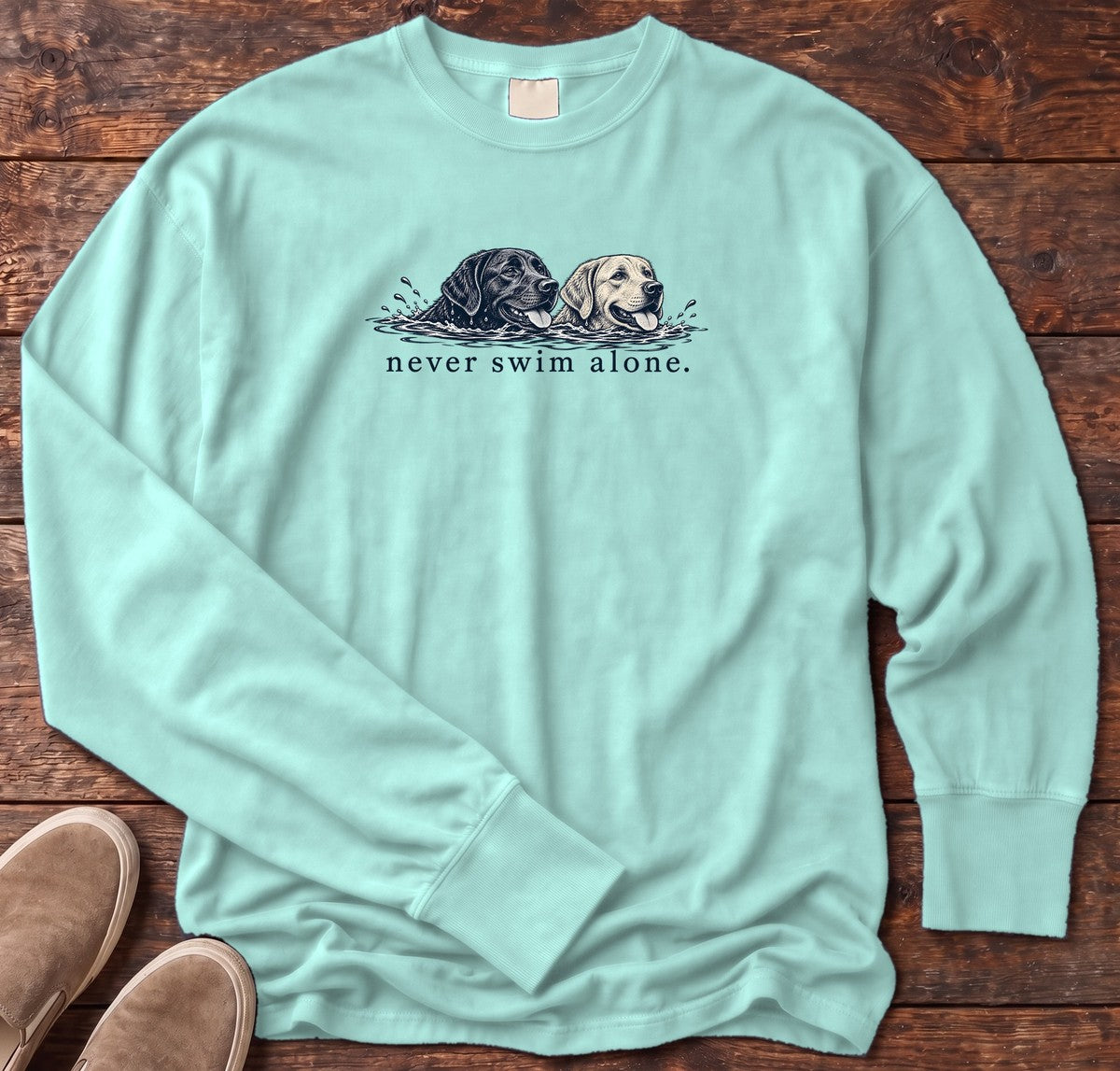 Two Labs Never Swim Alone Long Sleeve Tee in Chalky Mint, Salty Paws Comfort Colors Long Sleeve Tee, front design flat lay