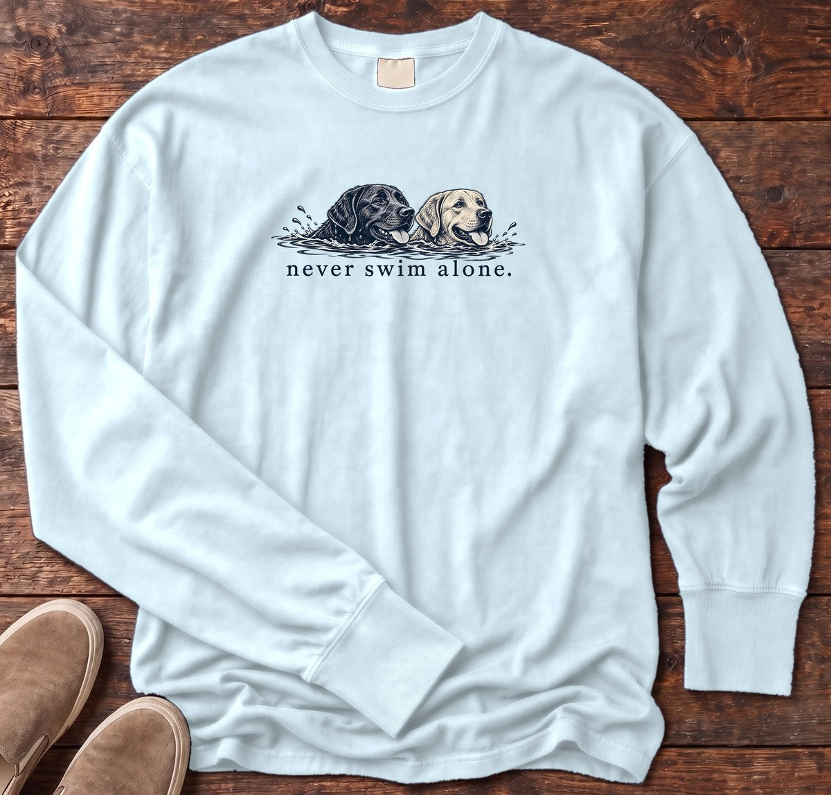 Two Labs Never Swim Alone Long Sleeve Tee in Chambray, Salty Paws Comfort Colors Long Sleeve Tee, front design flat lay