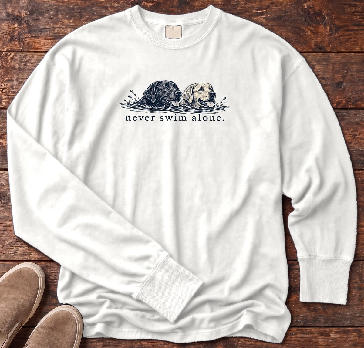 Two Labs Never Swim Alone Long Sleeve Tee in White, Salty Paws Comfort Colors Long Sleeve Tee, front design flat lay