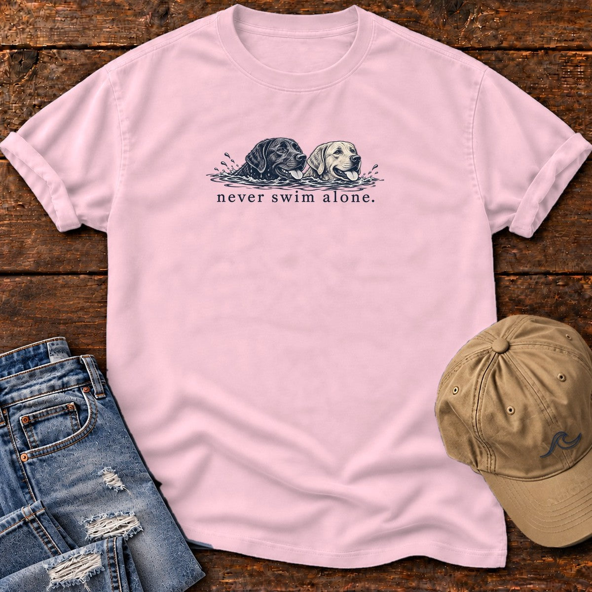 Two Labs Never Swim Alone T-Shirt in Blossom, Salty Paws Comfort Colors T-Shirt, front design flat lay