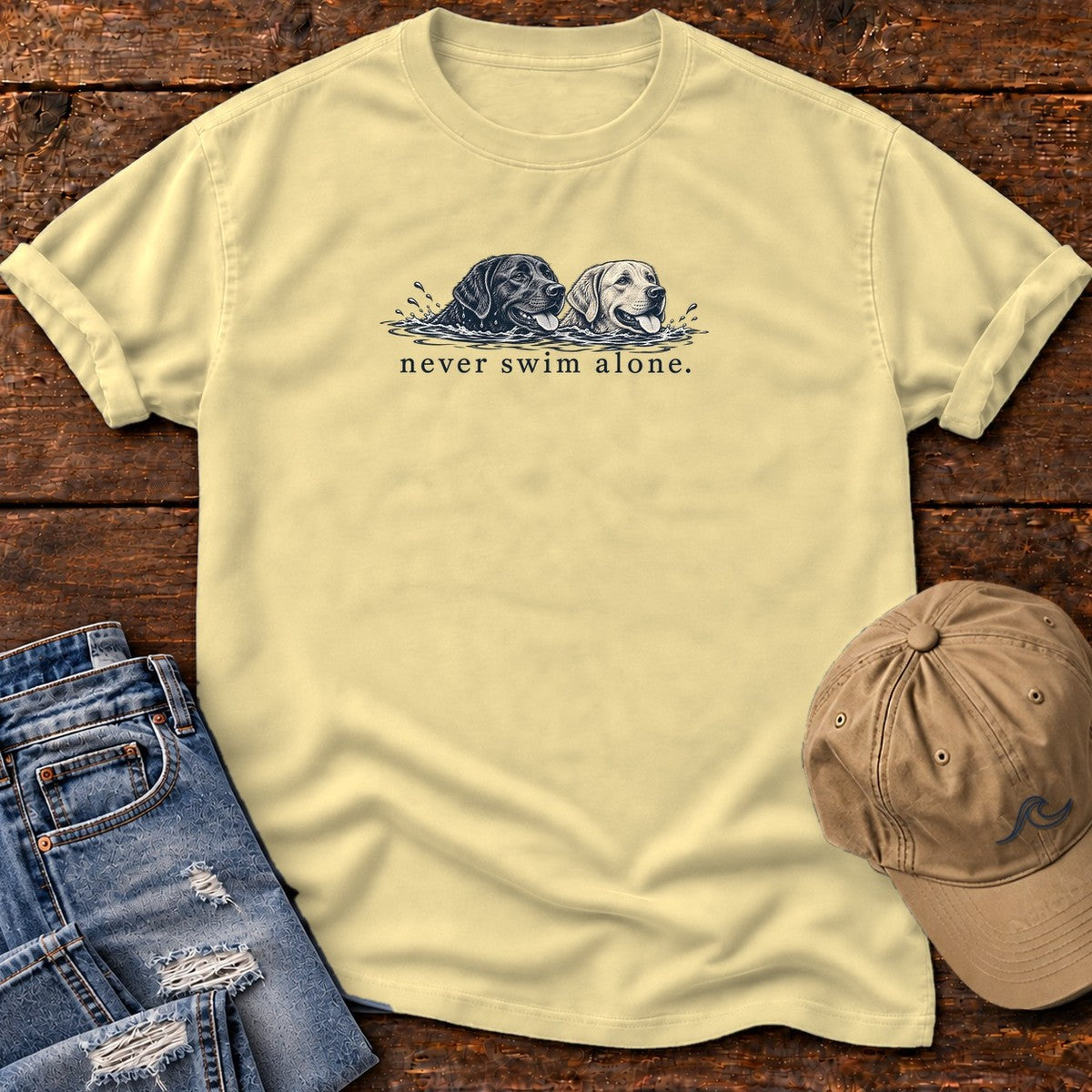 Two Labs Never Swim Alone T-Shirt in Butter, Salty Paws Comfort Colors T-Shirt, front design flat lay