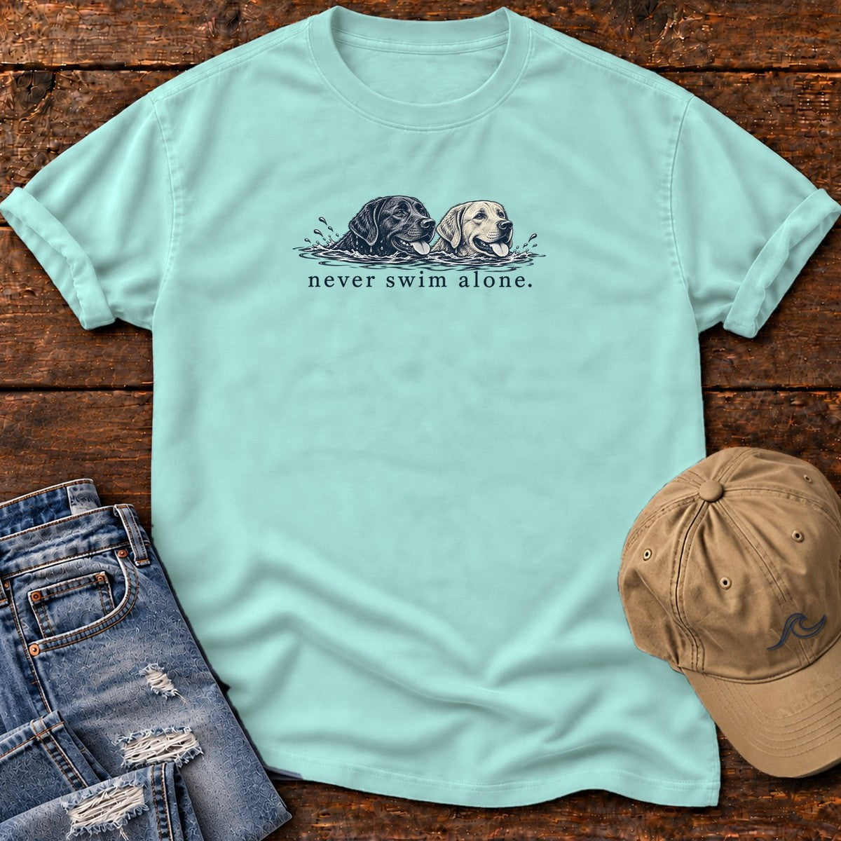 Two Labs Never Swim Alone T-Shirt in Chalky Mint, Salty Paws Comfort Colors T-Shirt, front design flat lay