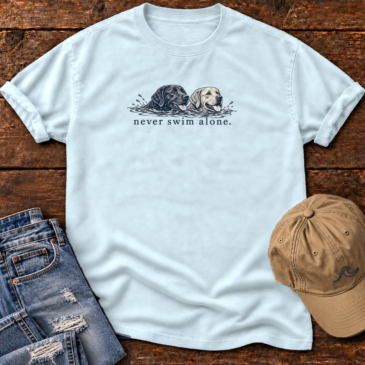 Two Labs Never Swim Alone T-Shirt in Chambray, Salty Paws Comfort Colors T-Shirt, front design flat lay
