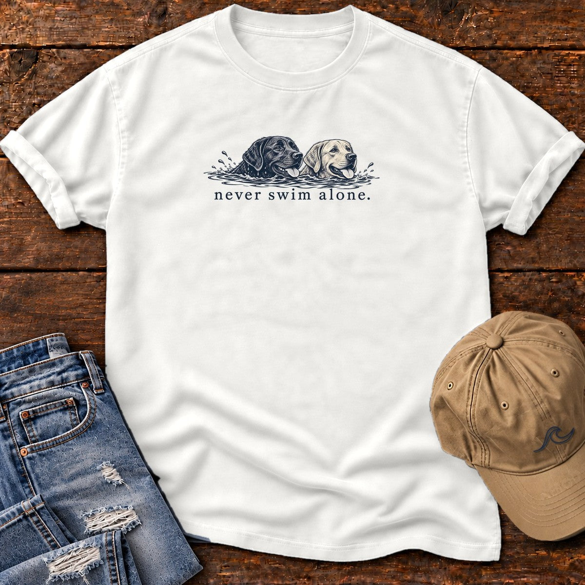 Two Labs Never Swim Alone T-Shirt in White, Salty Paws Comfort Colors T-Shirt, front design flat lay