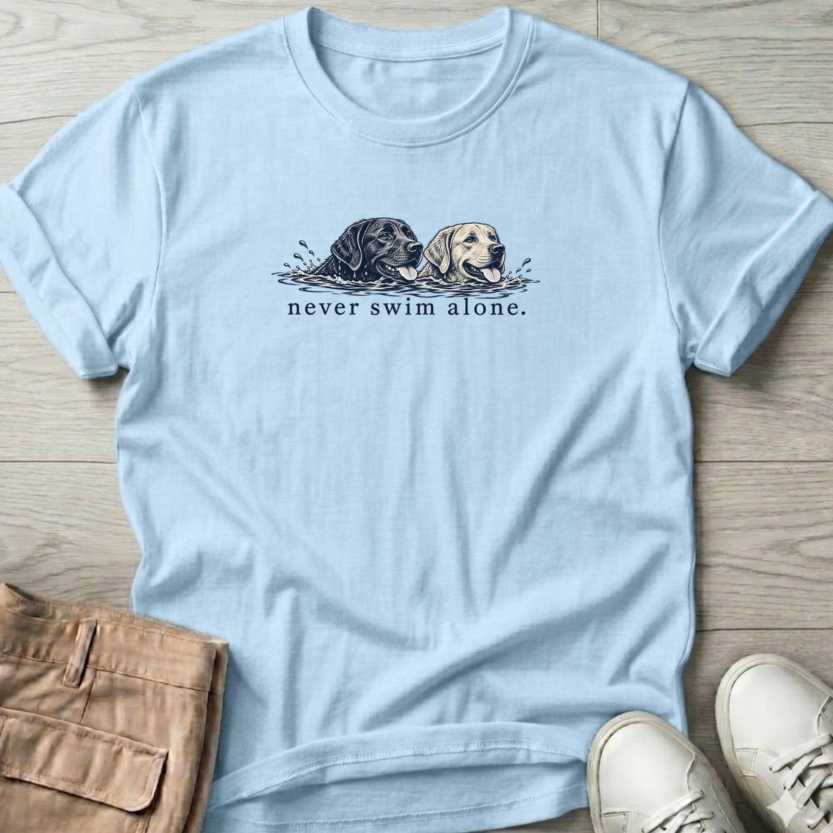 Two Labs Never Swim Alone T-Shirt in Light Blue, Salty Paws T-Shirt, front design flat lay