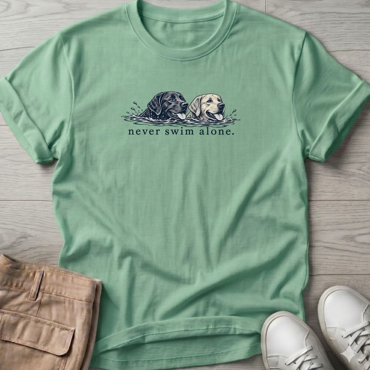 Two Labs Never Swim Alone T-Shirt in Mint Green, Salty Paws T-Shirt, front design flat lay