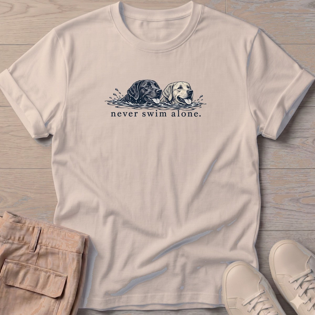 Two Labs Never Swim Alone T-Shirt in Sand, Salty Paws T-Shirt, front design flat lay