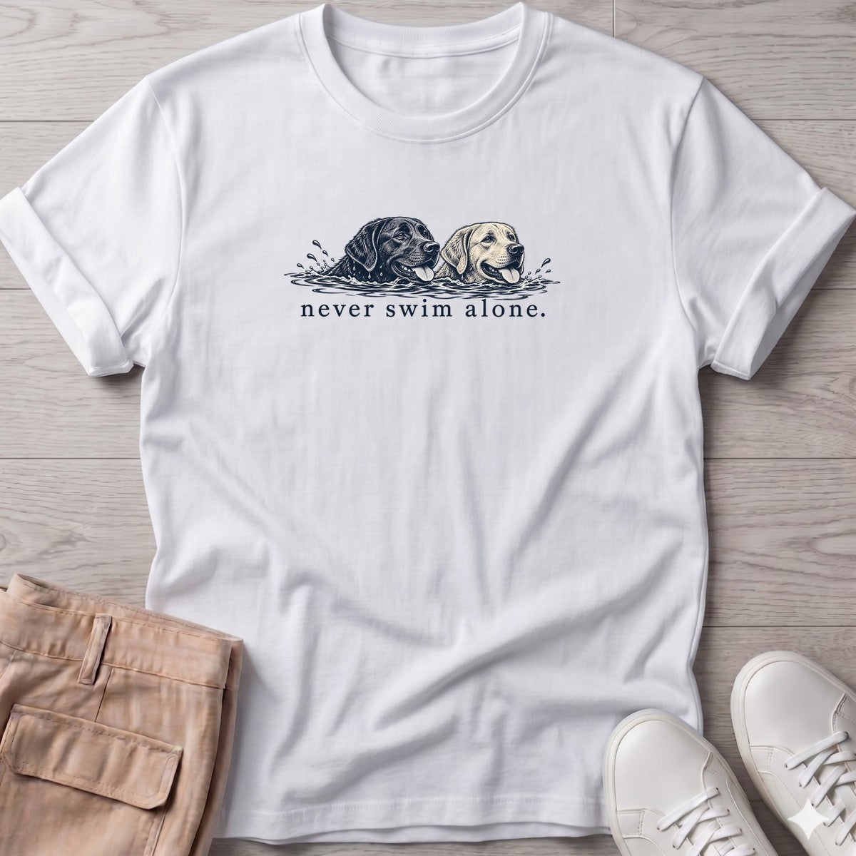 Two Labs Never Swim Alone T-Shirt in White, Salty Paws T-Shirt, front design flat lay