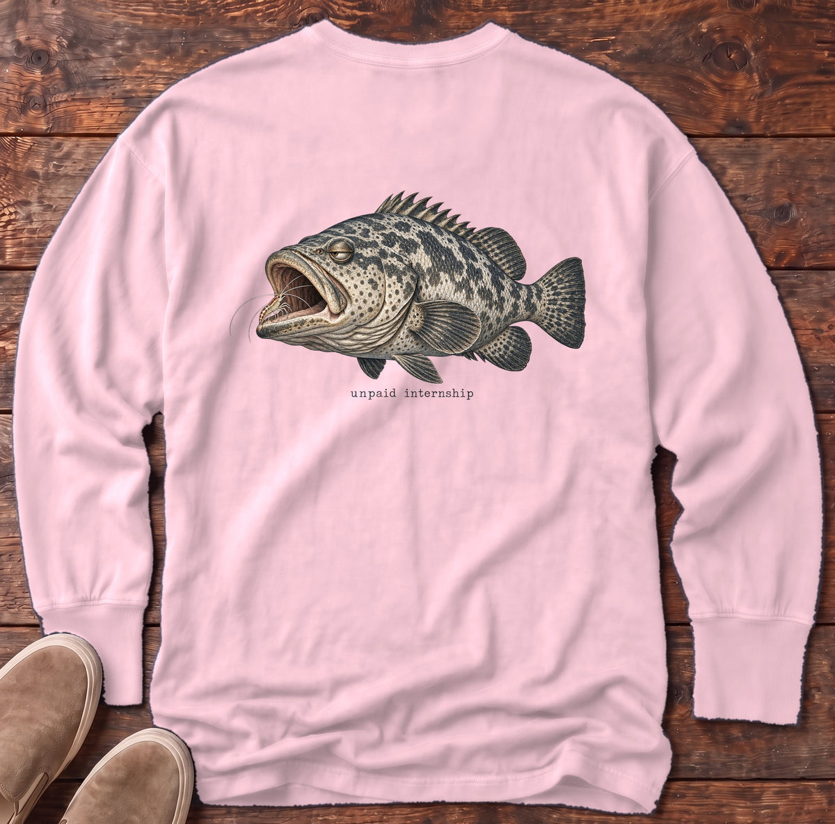 Unpaid Internship Grouper Back Design Long Sleeve Tee Comfort Colors in Blossom, Salty Paws Comfort Colors Long Sleeve Tee, back design flat lay