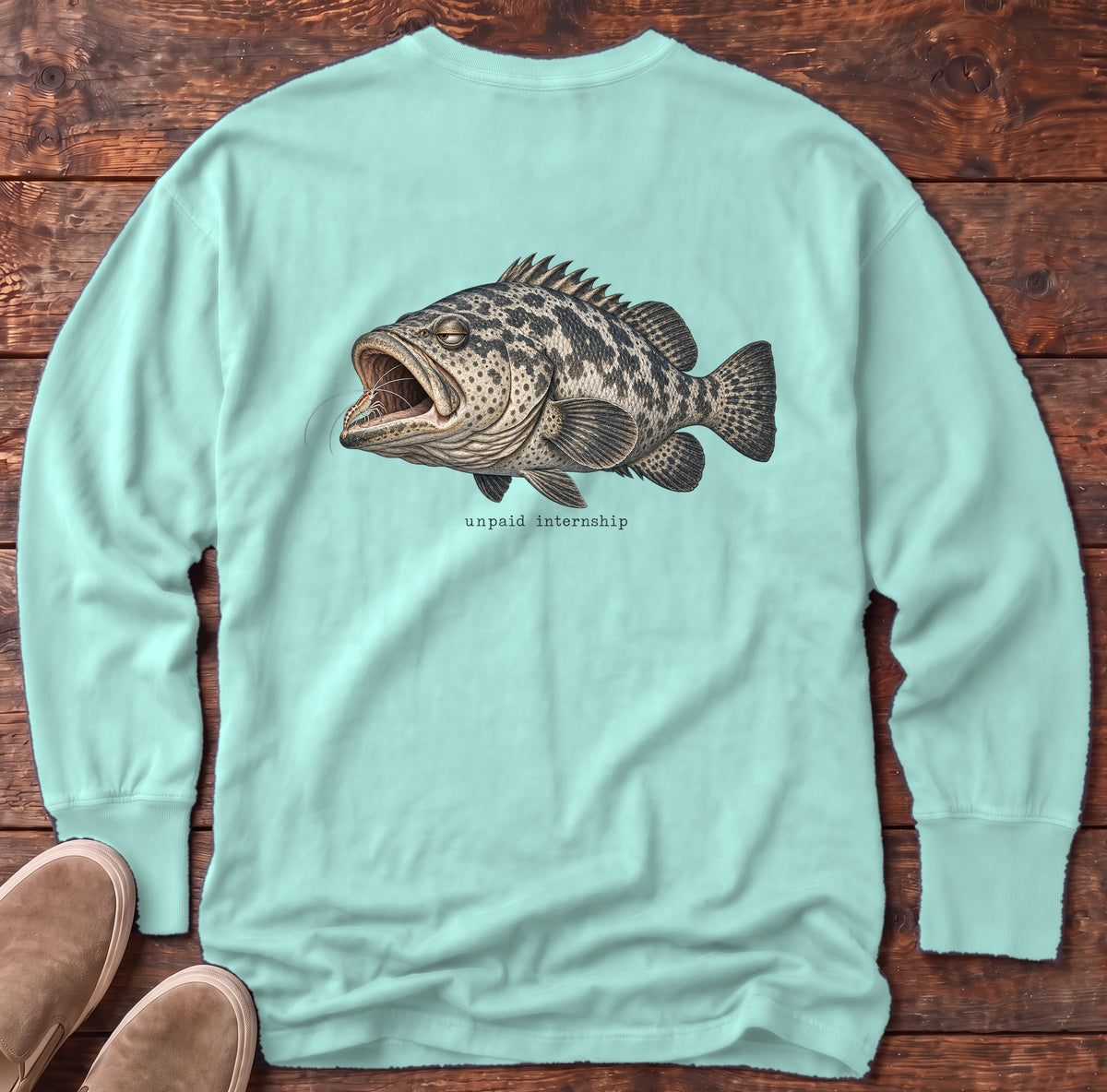 Unpaid Internship Grouper Back Design Long Sleeve Tee Comfort Colors in Chalky Mint, Salty Paws Comfort Colors Long Sleeve Tee, back design flat lay