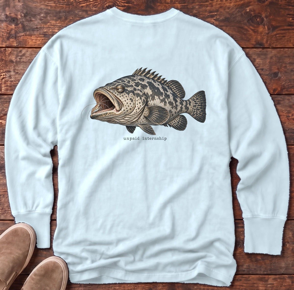 Unpaid Internship Grouper Back Design Long Sleeve Tee Comfort Colors in Chambray, Salty Paws Comfort Colors Long Sleeve Tee, back design flat lay