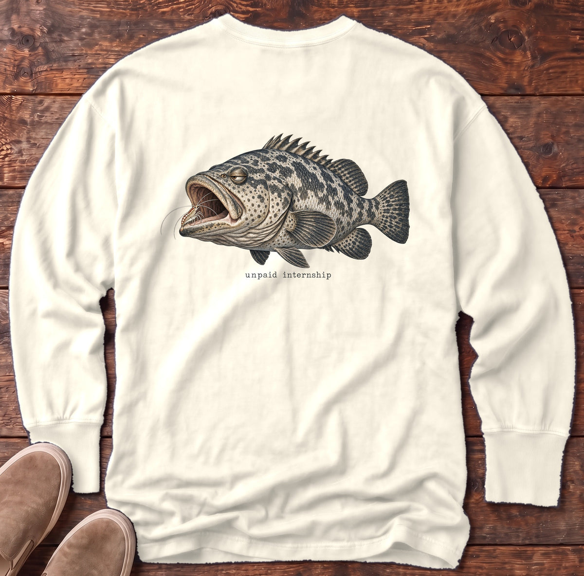 Unpaid Internship Grouper Back Design Long Sleeve Tee Comfort Colors in Ivory, Salty Paws Comfort Colors Long Sleeve Tee, back design flat lay