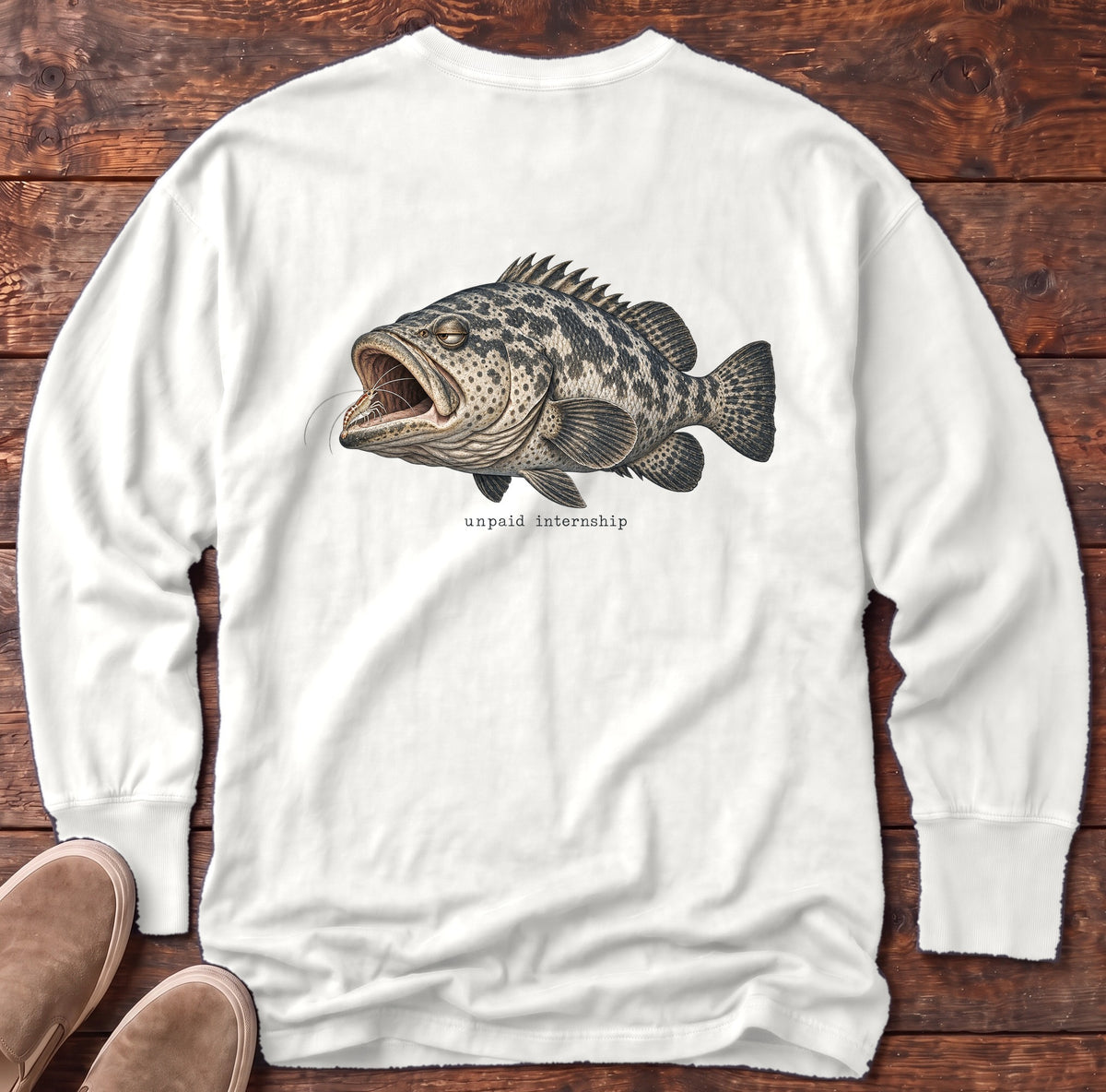 Unpaid Internship Grouper Back Design Long Sleeve Tee Comfort Colors in White, Salty Paws Comfort Colors Long Sleeve Tee, back design flat lay