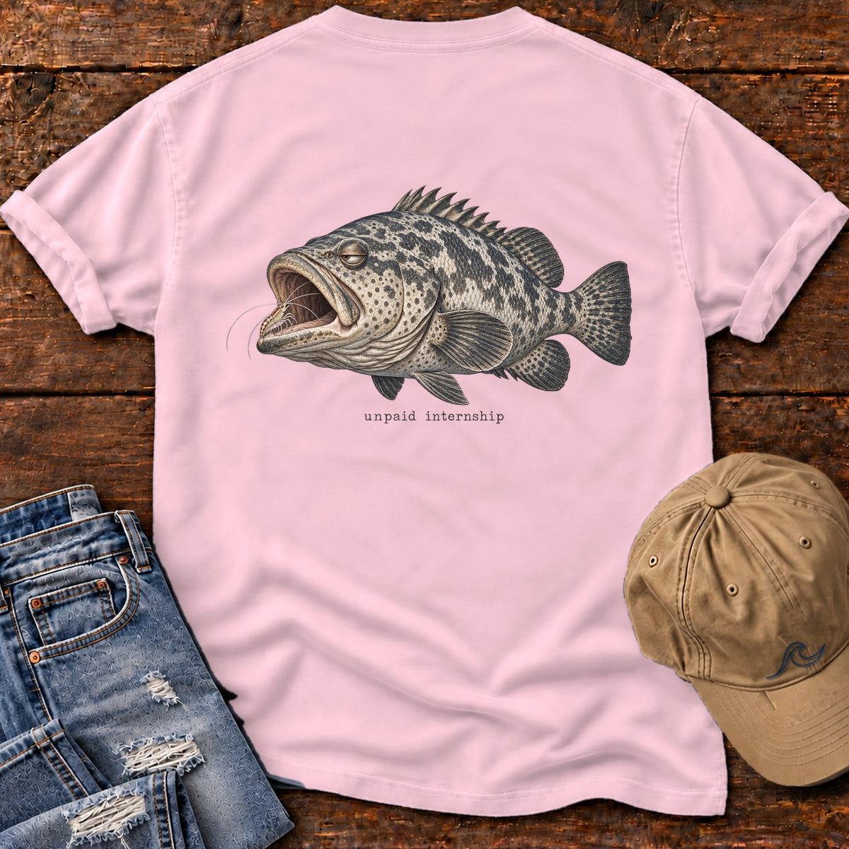 Unpaid Internship Grouper Back Design T-Shirt Comfort Colors in Blossom, Salty Paws Comfort Colors T-Shirt, back design flat lay