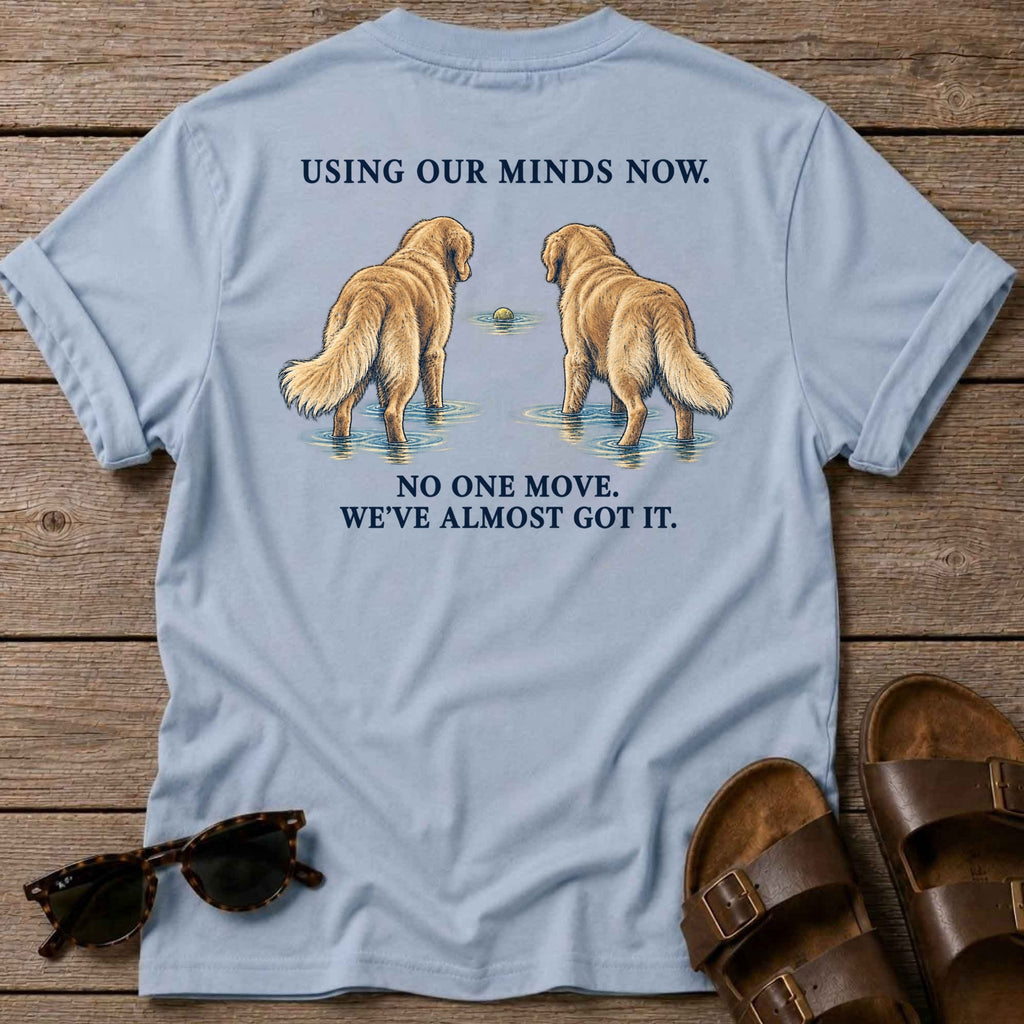 Using Our Minds Now Back Design T-Shirt in Light Blue, back view
