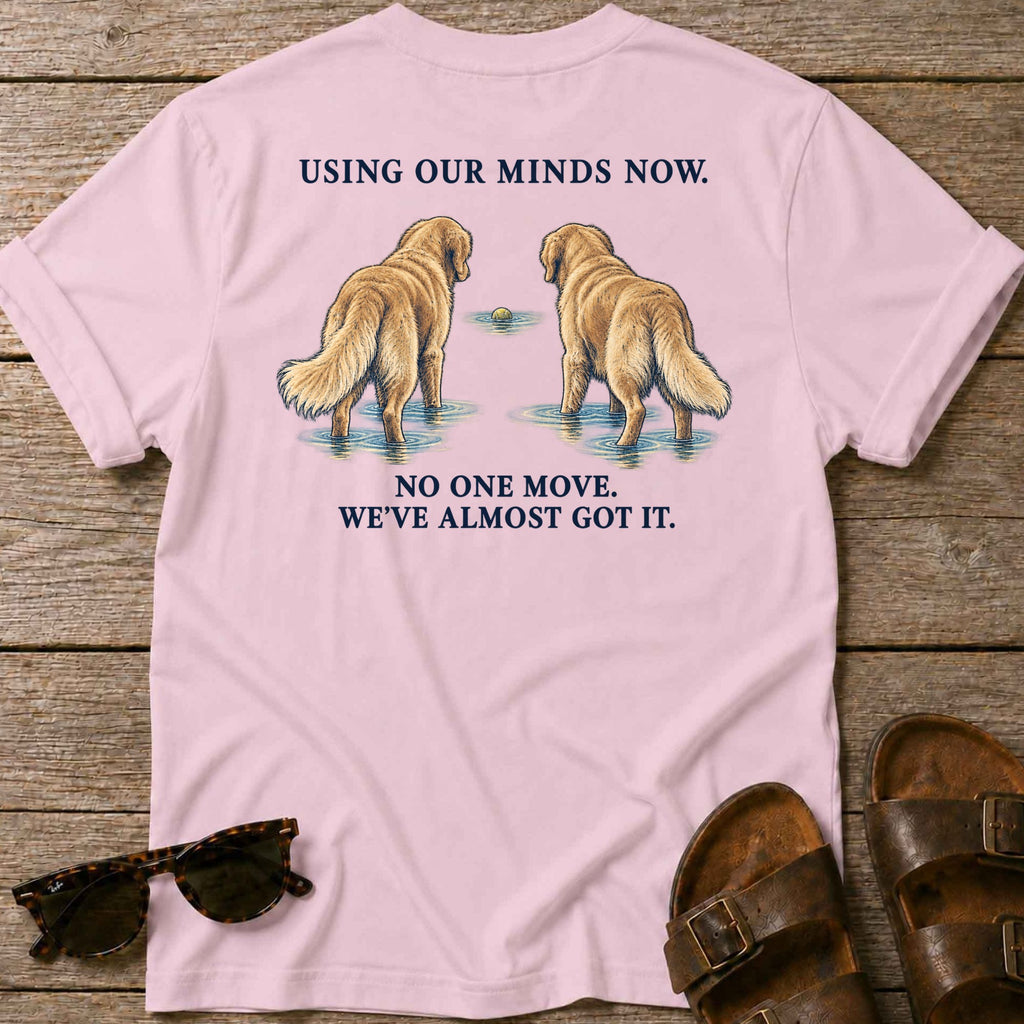 Using Our Minds Now Back Design T-Shirt in Light Pink, back view