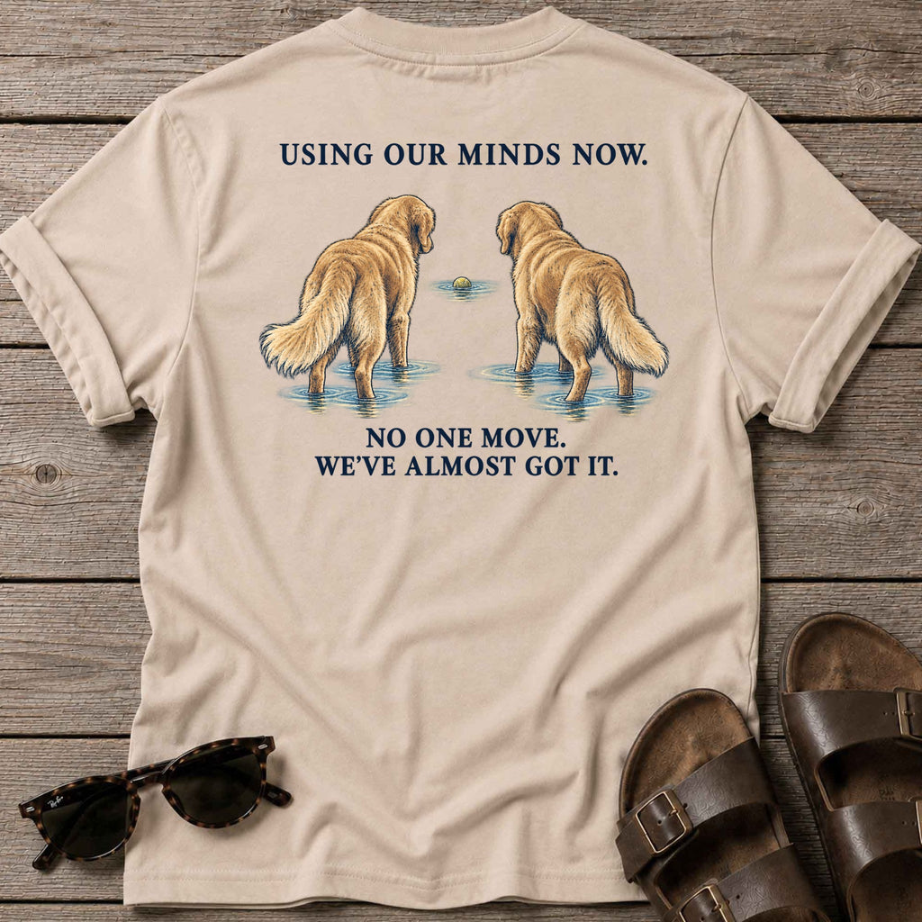 Using Our Minds Now Back Design T-Shirt in Sand, back view