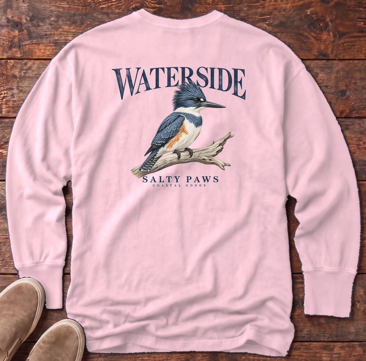 Waterside Kingfisher Salty Paws Coastal Goods Back Design Long Sleeve Tee in Blossom, Salty Paws Comfort Colors Long Sleeve Tee, back design flat lay