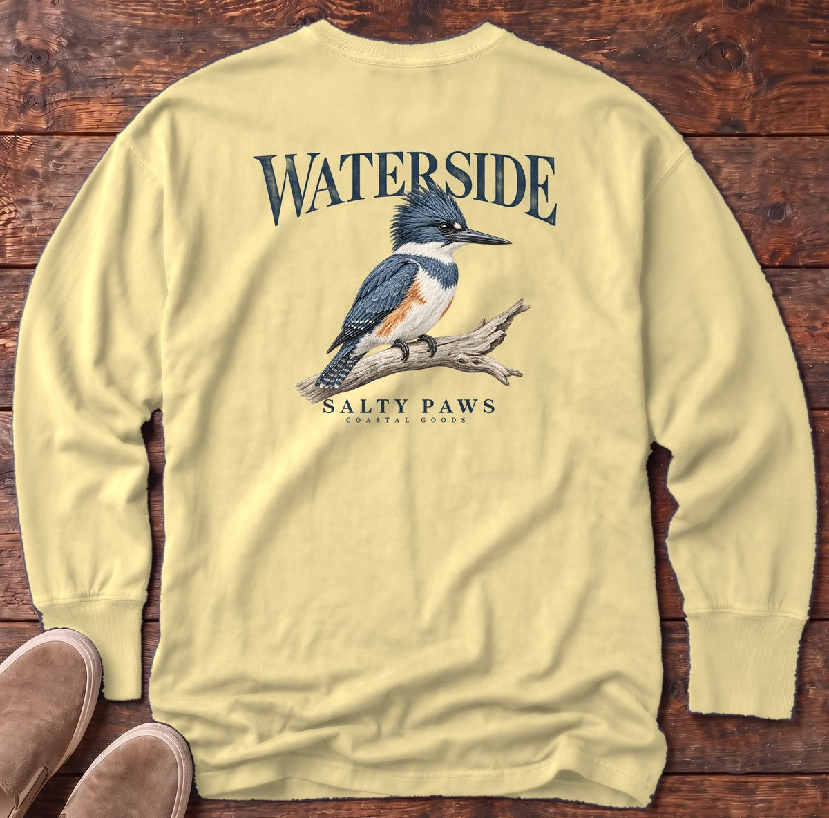 Waterside Kingfisher Salty Paws Coastal Goods Back Design Long Sleeve Tee in Butter, Salty Paws Comfort Colors Long Sleeve Tee, back design flat lay