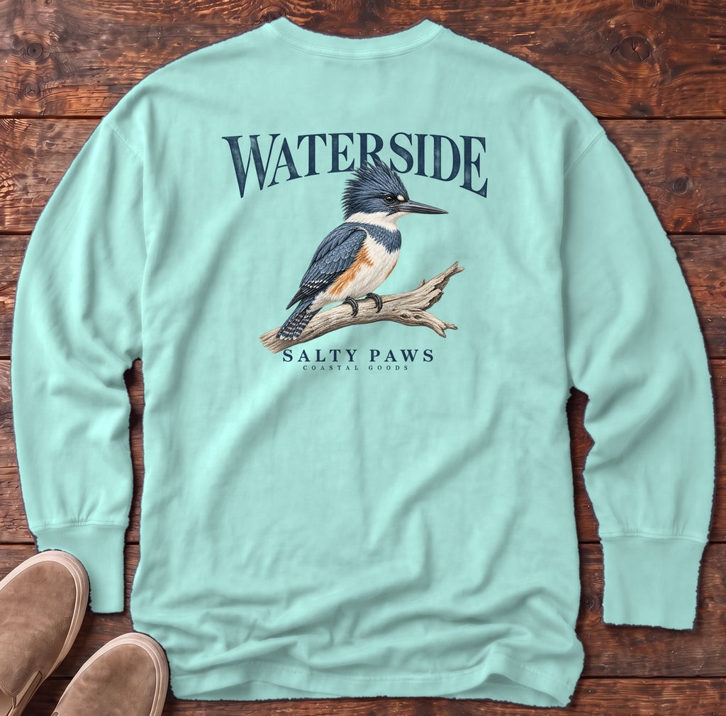 Waterside Kingfisher Salty Paws Coastal Goods Back Design Long Sleeve Tee in Chalky Mint, Salty Paws Comfort Colors Long Sleeve Tee, back design flat lay
