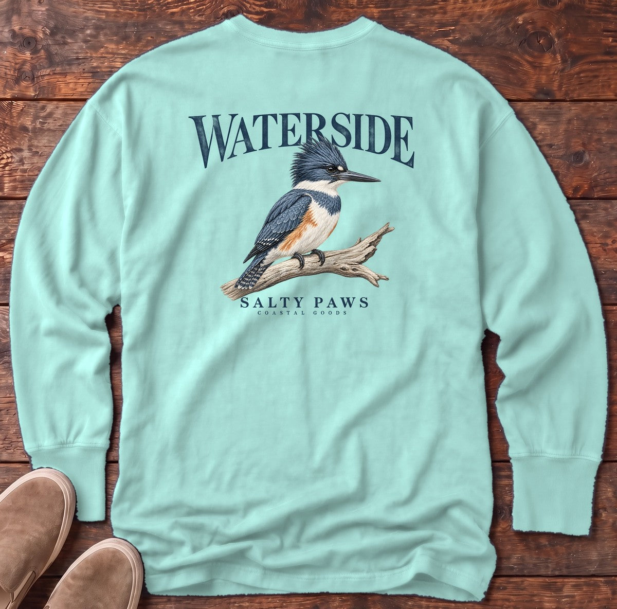 Waterside Kingfisher Salty Paws Coastal Goods Back Design Long Sleeve Tee in Chalky Mint, Salty Paws Comfort Colors Long Sleeve Tee, back design flat lay