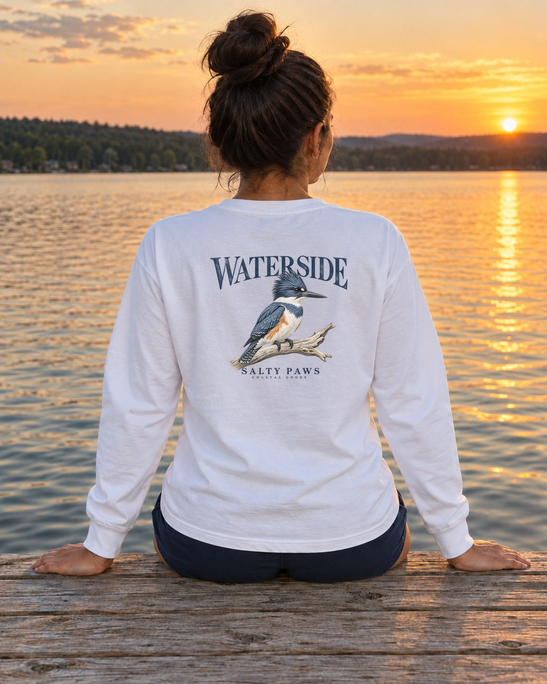 Waterside Kingfisher Salty Paws Coastal Goods Back Design Long Sleeve Tee in White, worn by a model, Salty Paws back design