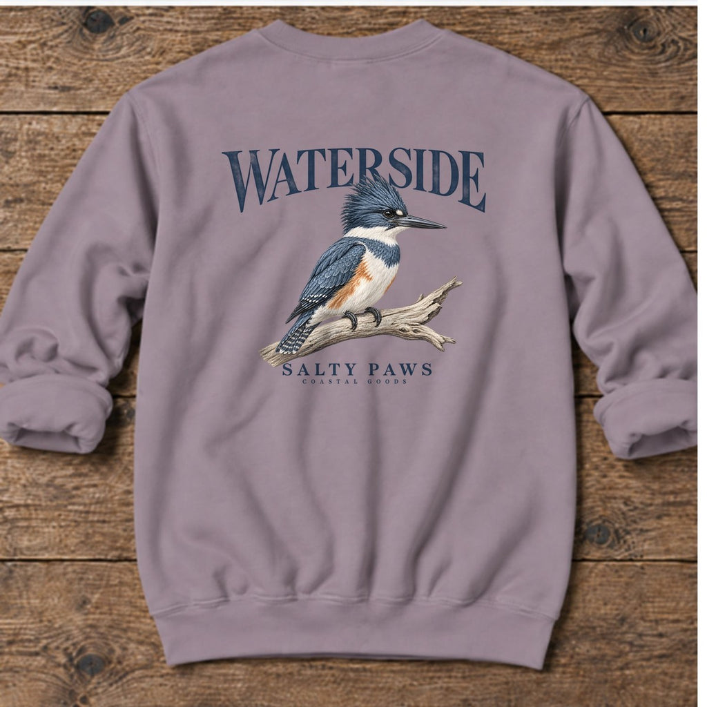 Waterside Kingfisher Salty Paws Coastal Goods Back Design Midweight Sweatshirt in Paragon, Salty Paws Midweight Sweatshirt, back design flat lay