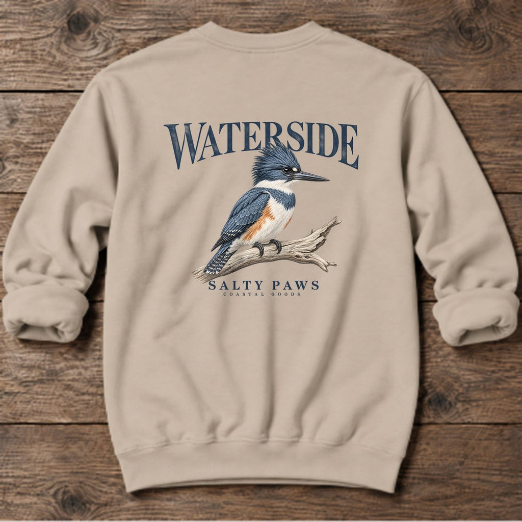 Waterside Kingfisher Salty Paws Coastal Goods Back Design Midweight Sweatshirt in Sand, Salty Paws Midweight Sweatshirt, back design flat lay