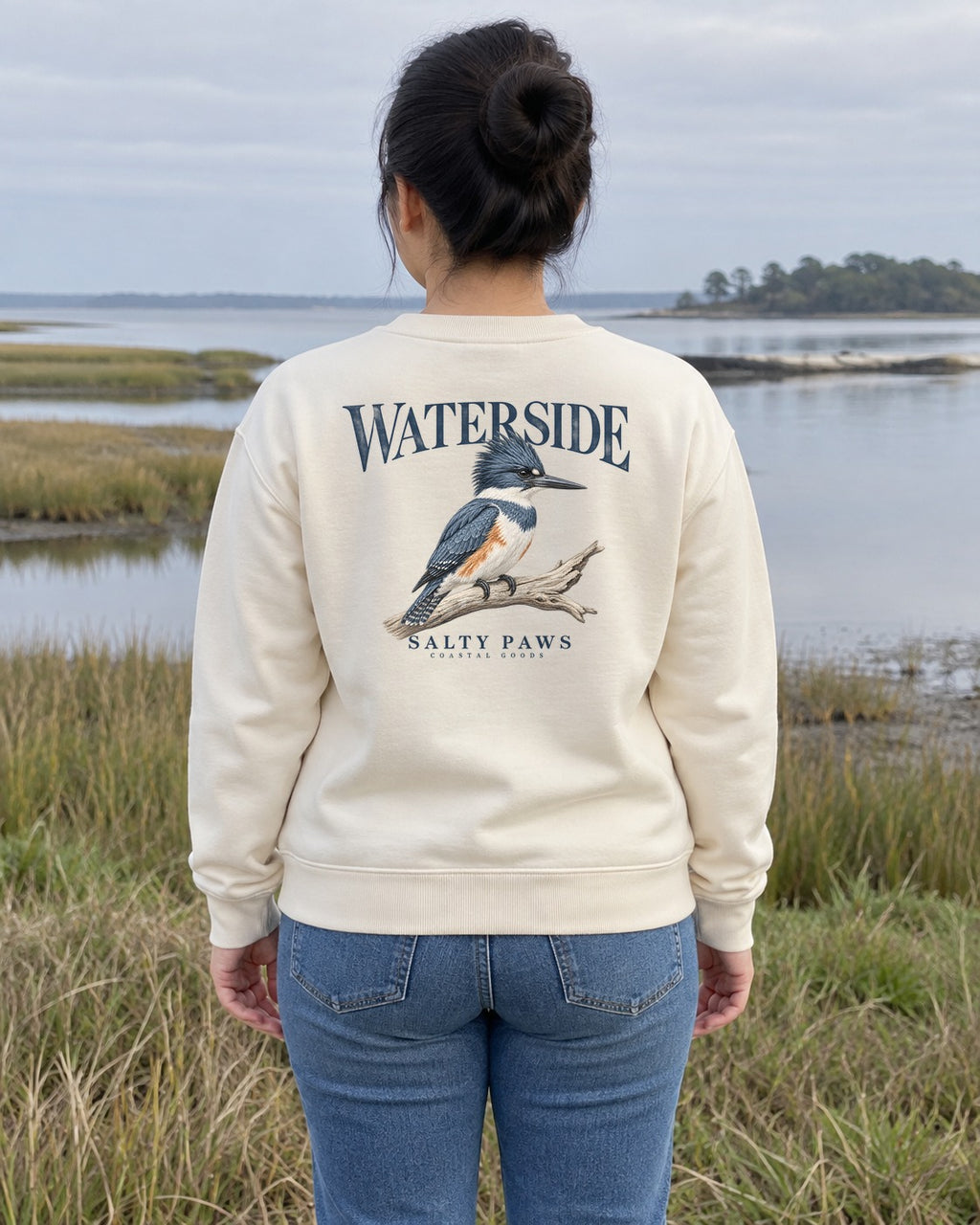 Waterside Kingfisher Salty Paws Coastal Goods Back Design Midweight Sweatshirt in White, worn by a model, Salty Paws back design