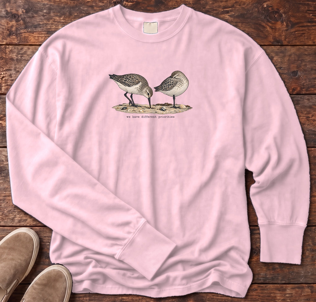 We Have Different Priorities Sandpipers Long Sleeve Tee Comfort Colors in Blossom, Salty Paws Comfort Colors Long Sleeve Tee, front design flat lay