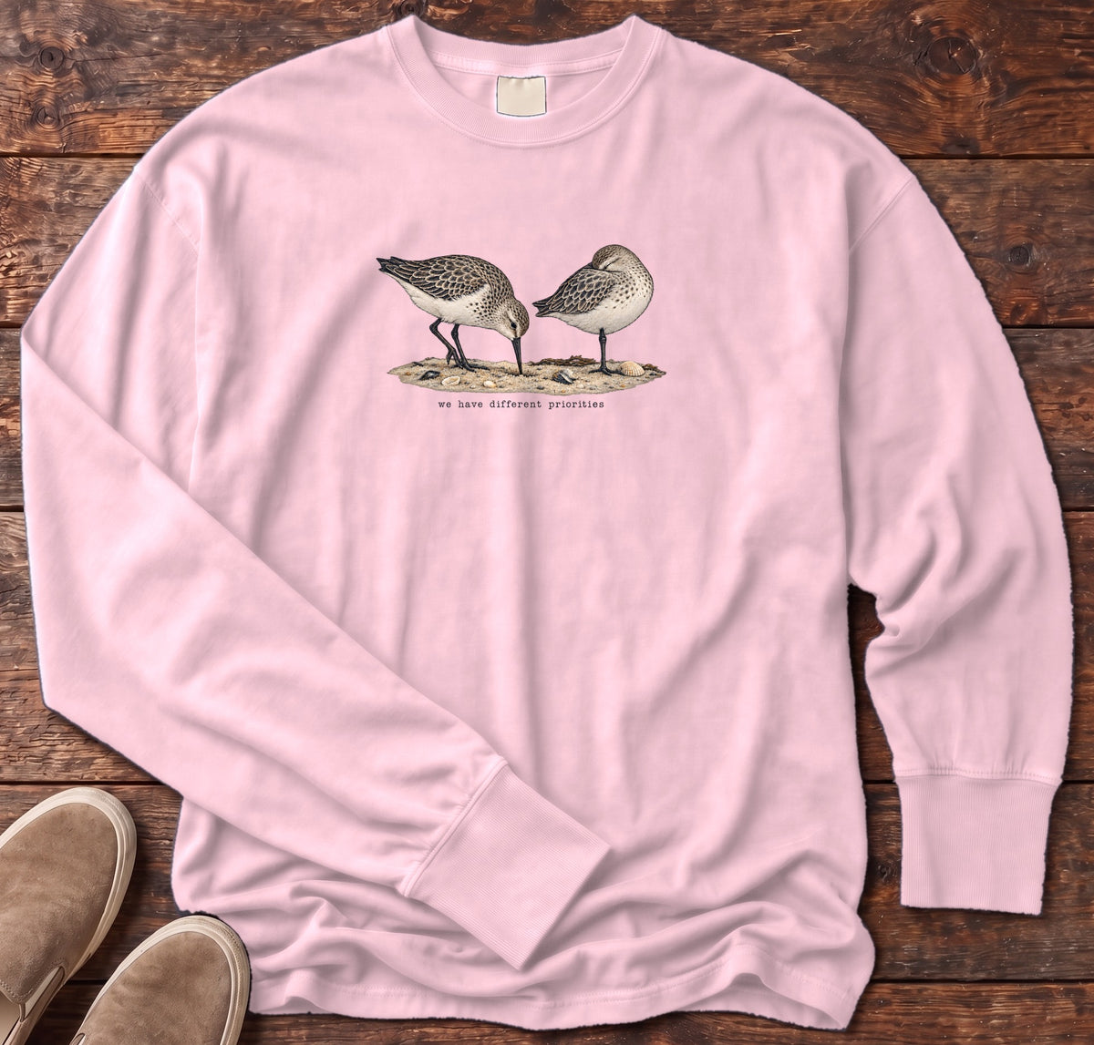 We Have Different Priorities Sandpipers Long Sleeve Tee Comfort Colors in Blossom, Salty Paws Comfort Colors Long Sleeve Tee, front design flat lay