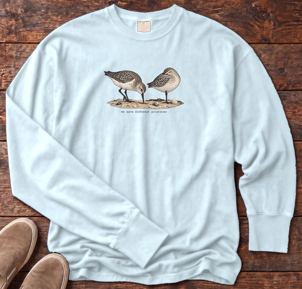 We Have Different Priorities Sandpipers Long Sleeve Tee Comfort Colors in Chambray, Salty Paws Comfort Colors Long Sleeve Tee, front design flat lay