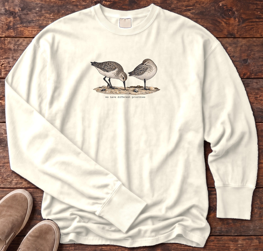 We Have Different Priorities Sandpipers Long Sleeve Tee Comfort Colors in Ivory, Salty Paws Comfort Colors Long Sleeve Tee, front design flat lay