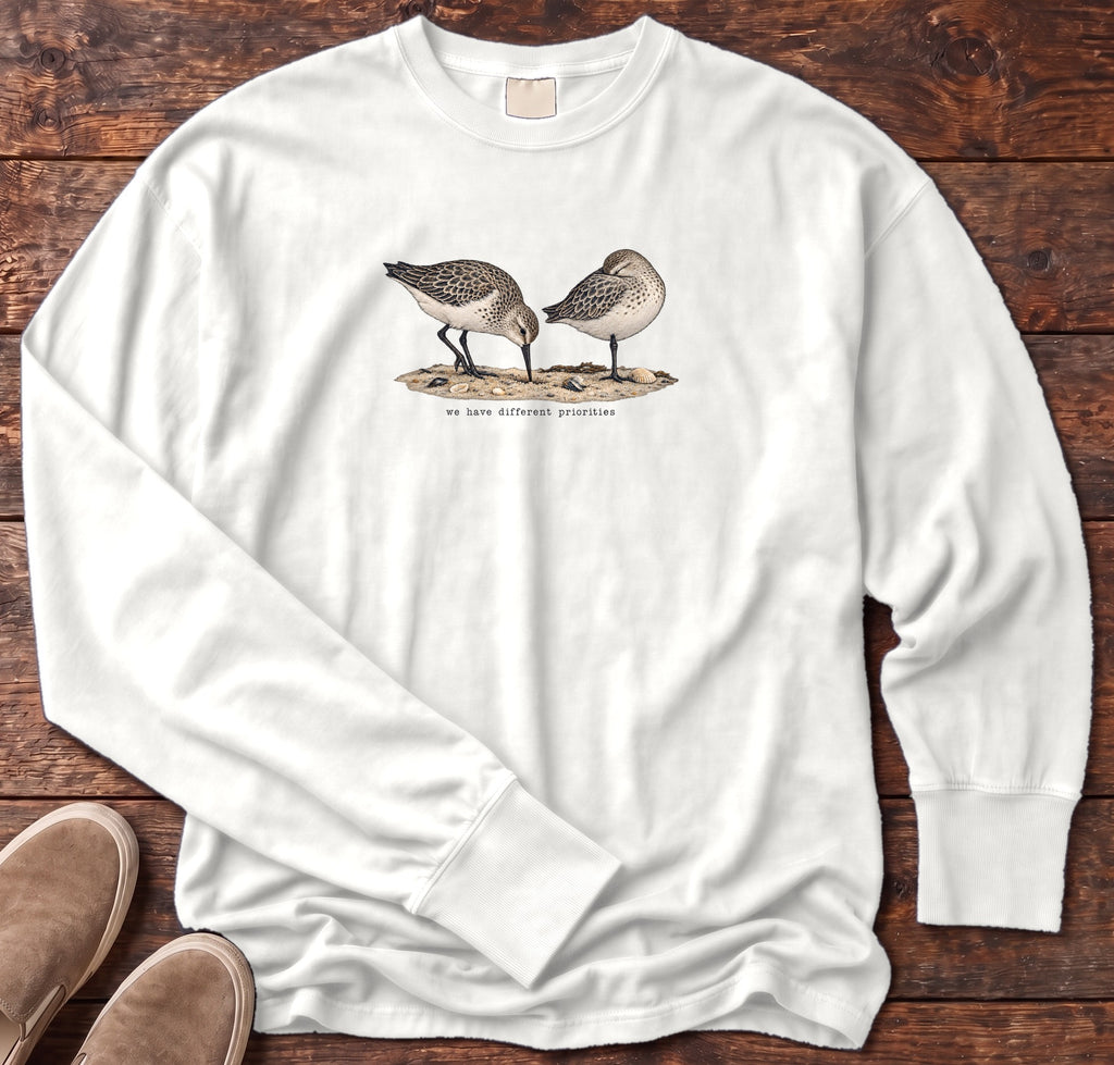 We Have Different Priorities Sandpipers Long Sleeve Tee Comfort Colors in White, Salty Paws Comfort Colors Long Sleeve Tee, front design flat lay