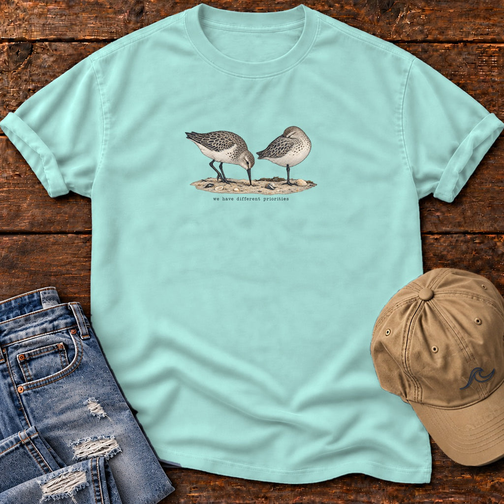 We Have Different Priorities Sandpipers T-Shirt Comfort Colors in Chalky Mint, Salty Paws Comfort Colors T-Shirt, front design flat lay